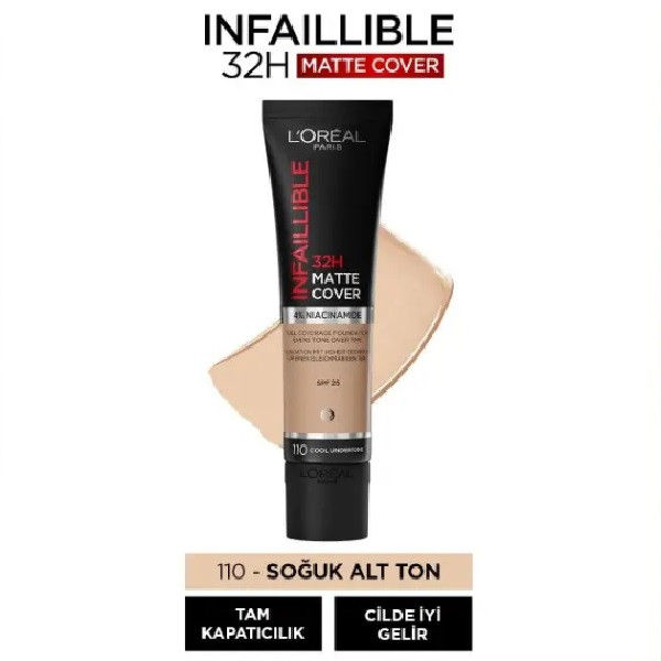 کرم پودر تیوپی لورآل INFAILLIBLE شماره 110 رنگ Rose Vanilla حجم 30 میلی لیتر حجم 30 میلی لیتر